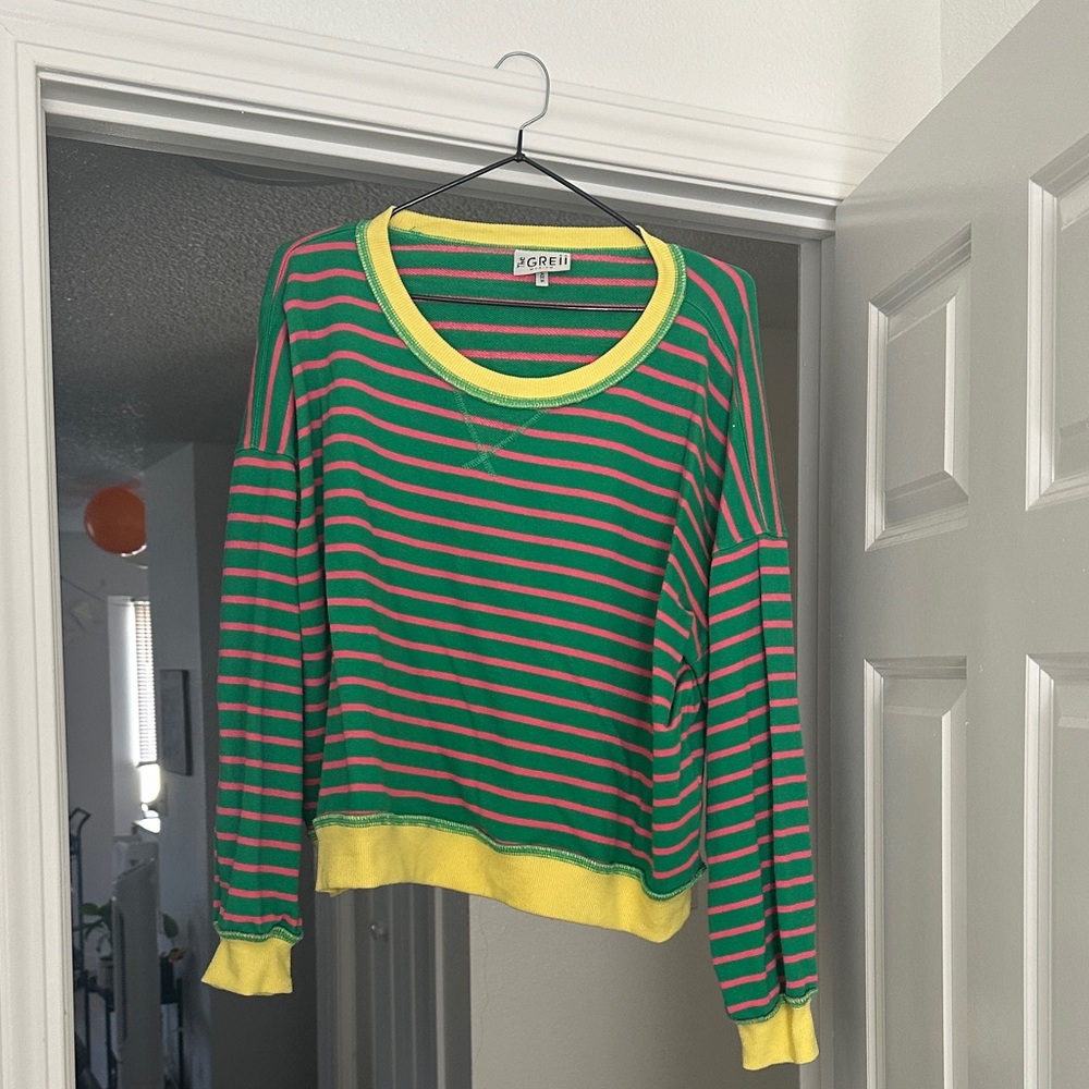Vibrant Striped Sweater with Yellow Trim